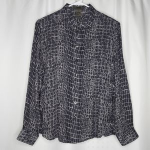 Votre Nom Silk Button Shirt Gray Print Reptile Animal Long Sleeve Blouse MP